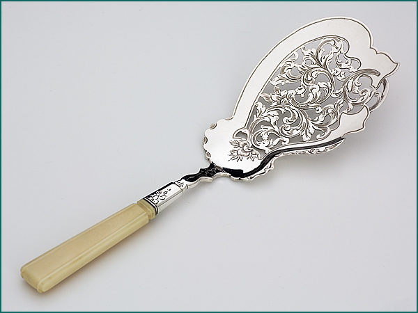 Zilveren visdienschep met benen heft uit 1862-0