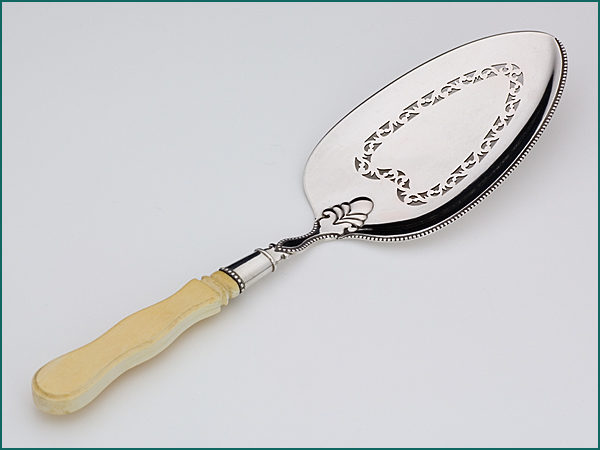 Zilveren visdienschep met benen heft uit 1882-0