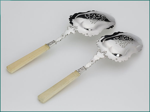 Een stel zilveren natfruitscheppen met benen heften uit 1852-9970