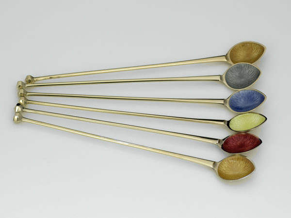 6 verguld zilveren longdrinklepels met emaille na 1953 (G. Beran)-12637